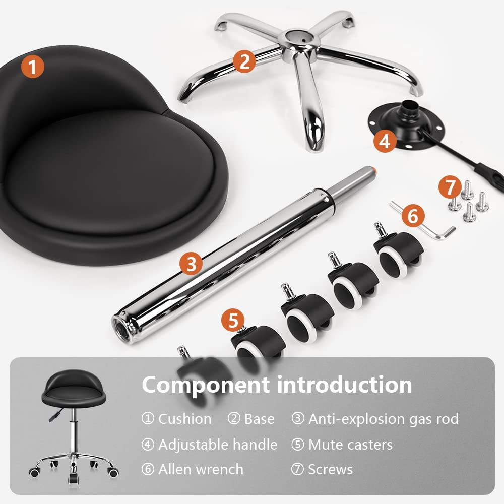 PU Leather round Rolling Stool with Back Rest Height Adjustable Swivel Drafting