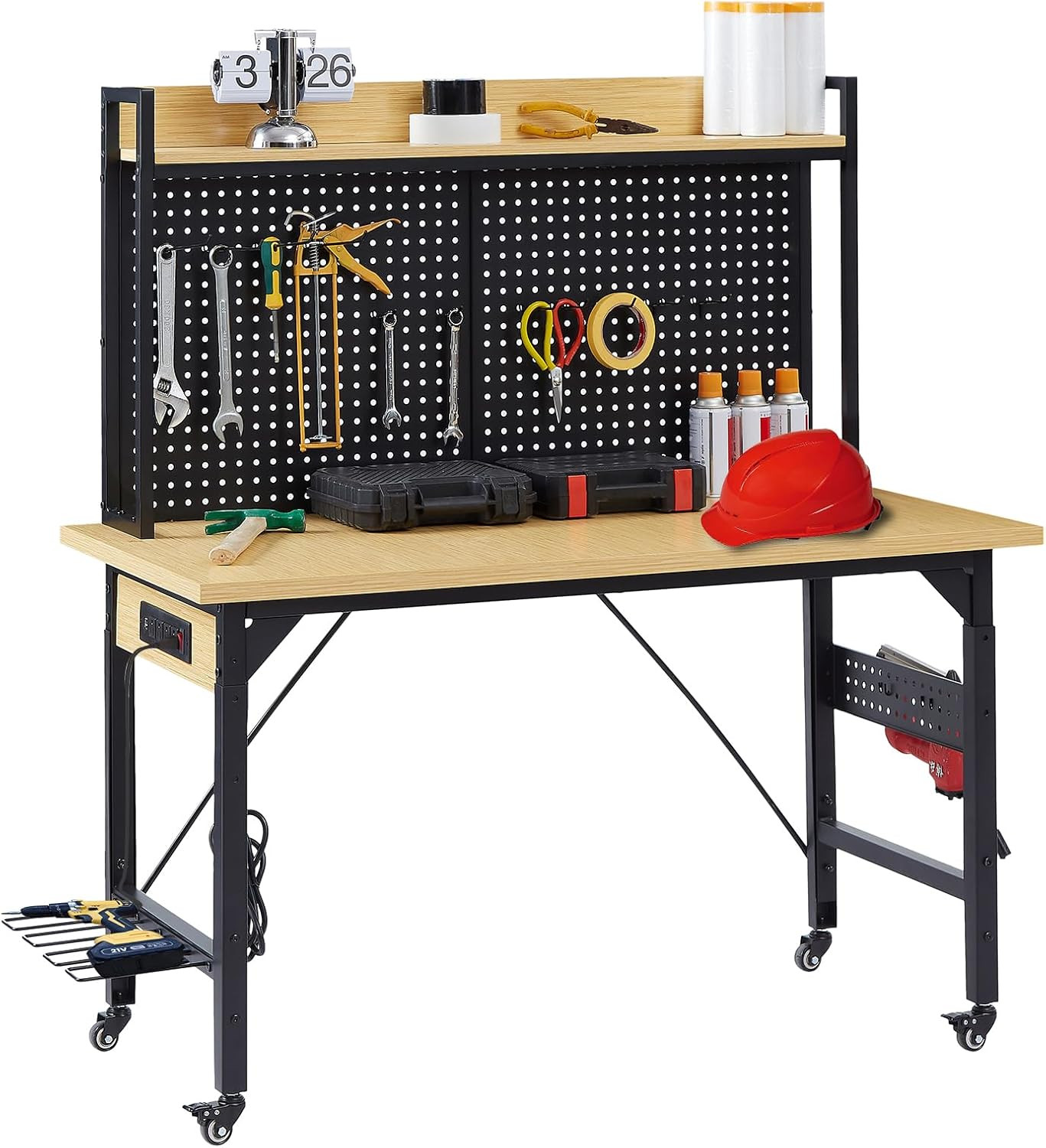 48" Adjustable Height Workbench with Pegboard, Work Benches for Garage, Heavy Du