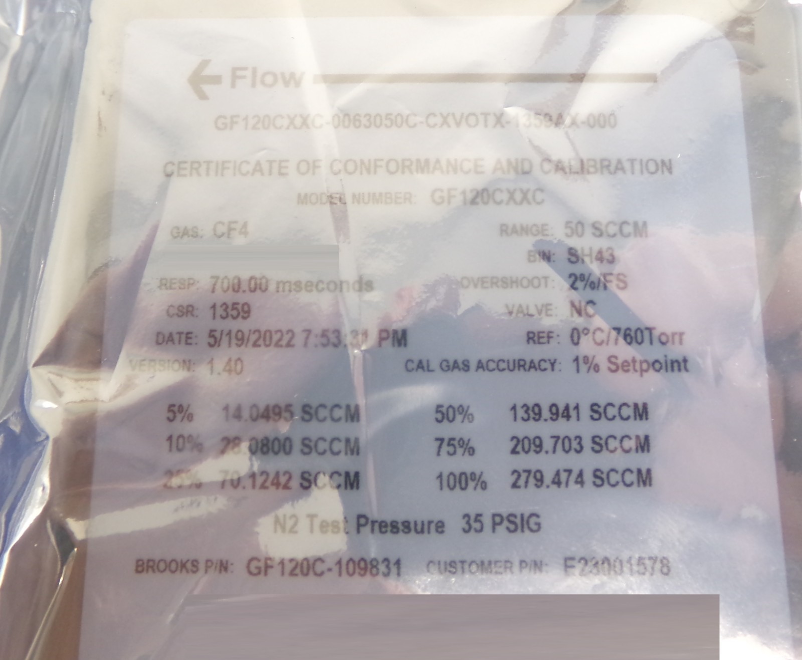Brooks Instrument GF120C-109831 Mass Flow Controller MFC 50 SCCM CF4 New