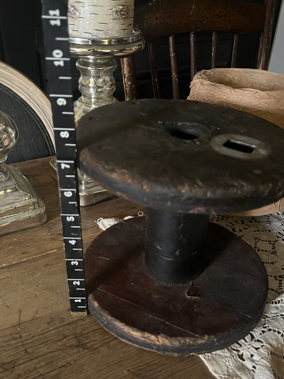 General Store Display DARK Wood Textile Mill Thread Silk Spool Primitive Plinth