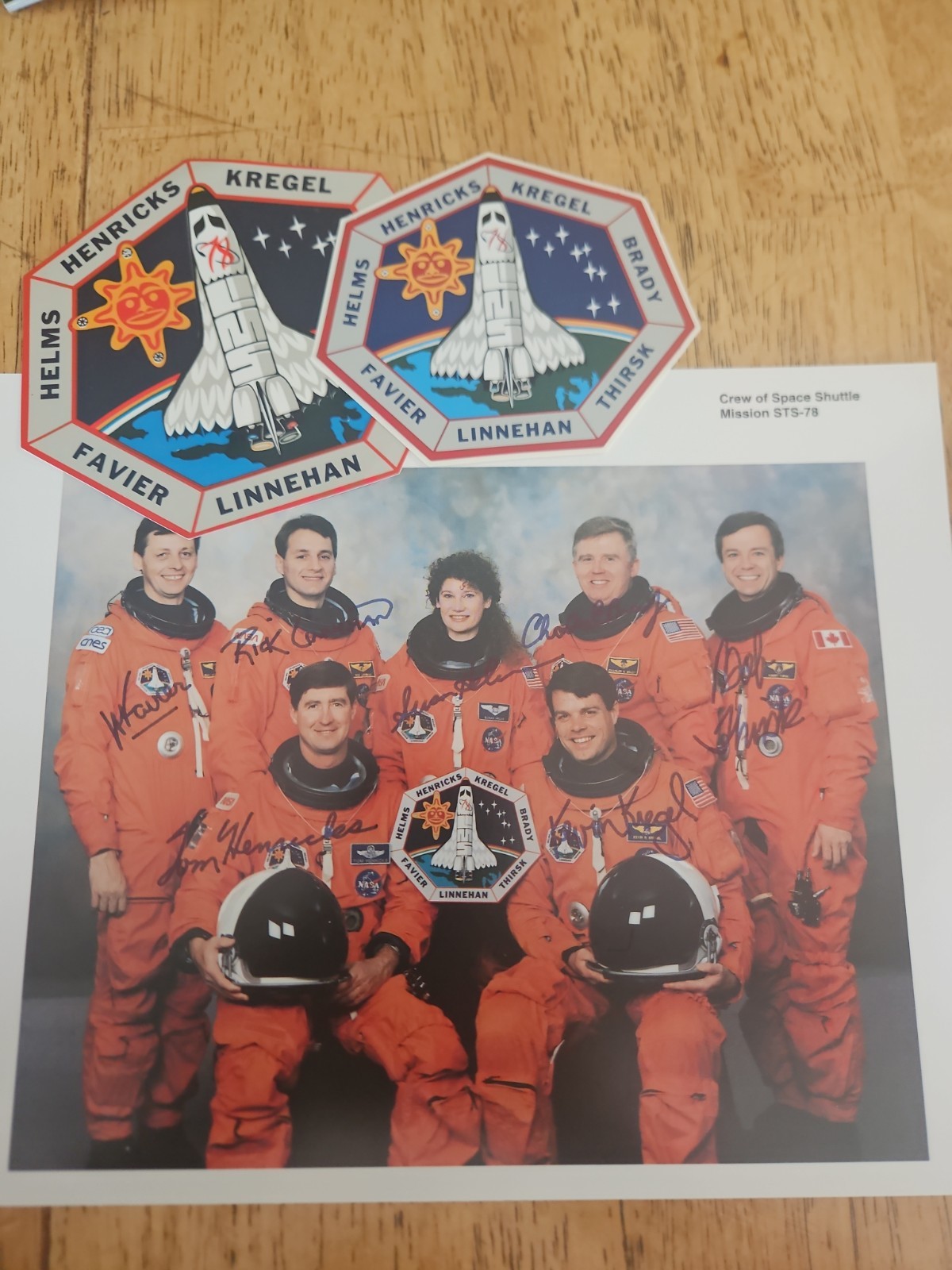 STS-78 Signed Crew Photo, 2 Stickers