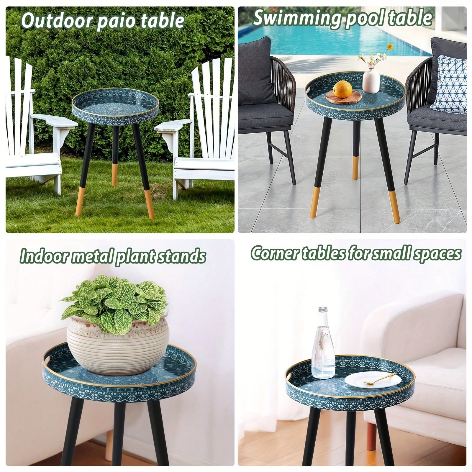 15-Inch Bohemian Round Side Table Plastic Frame Triangle Legs Dark Green