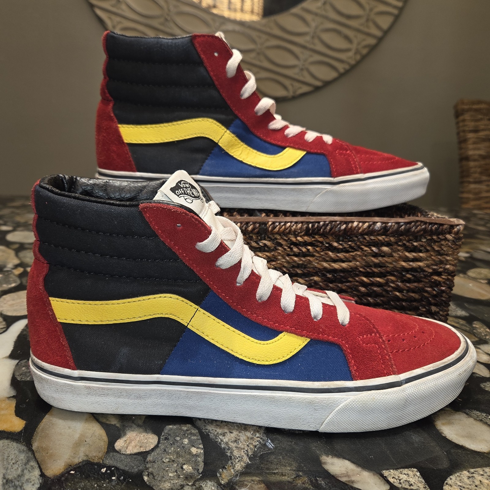Vans Sk8-Hi Rally Red Yellow Blue Multi Hi Top Skate Shoes Mens Size 9 WO's 10.5