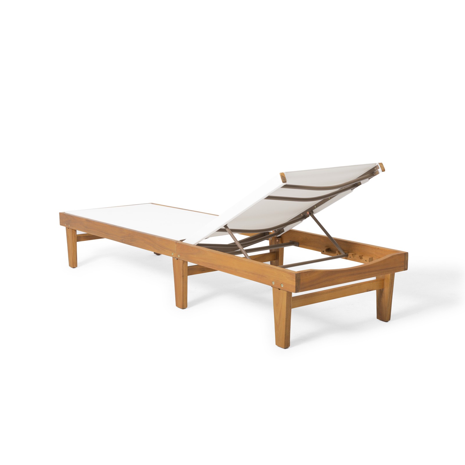 White Mesh 2-Seater Patio Chaise Lounge with Teak-Finish Acacia Wood Frame
