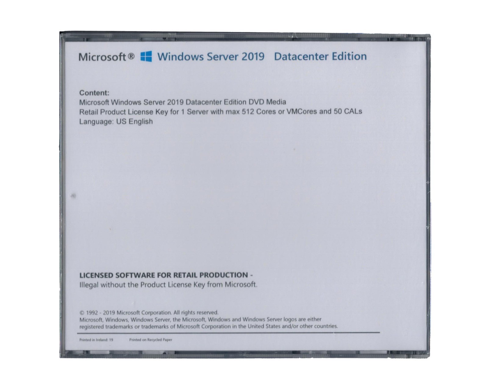 Windows Server 2019 Datacenter Edition with 50 CALs. Retail License, English.