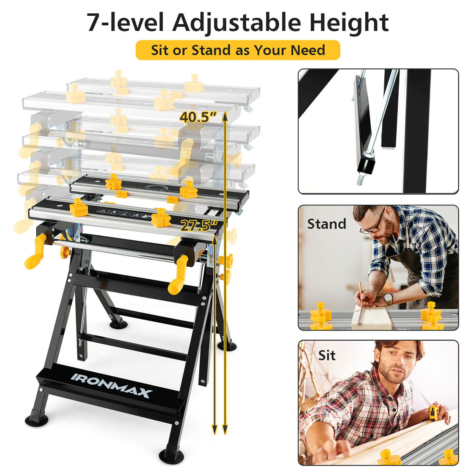 Folding Work Table Portable Workbench w/ Adjustable Height & Tiltable Platform