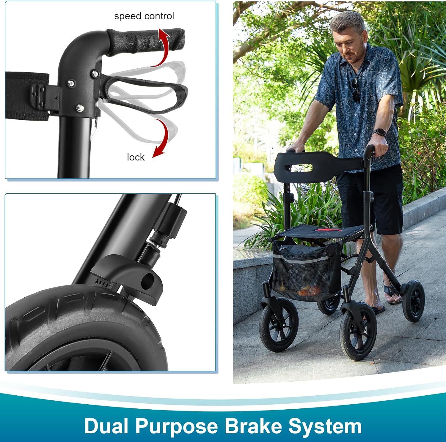 Aluminum Foldable All Terrain Rollator Walker Adjustable w/ Seat Back for Adults