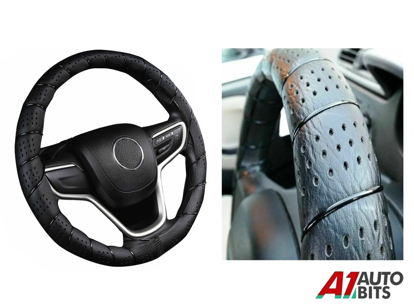 Wrap Around Lace Tie Up Driving Steering Wheel Cover Black Soft Grip 35Cm - 41Cm