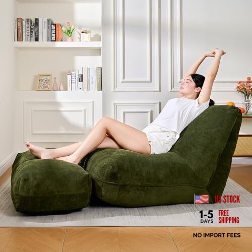 Bean Bag Chair with Ottoman, Comfy Bean Bag Sofa with Memory Foam, Lazy Green