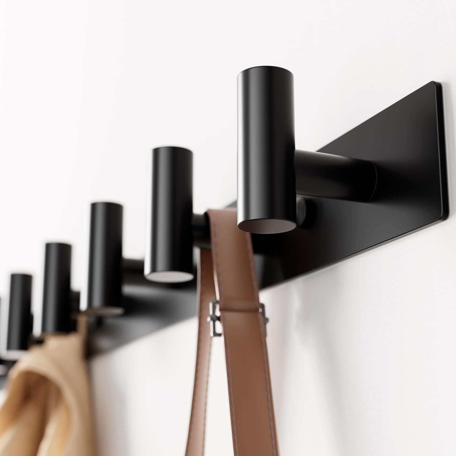 Black Wall Mounted Coat Rack – 5 T-Shaped Hooks on 16.5" Rail, (1 Pack)
