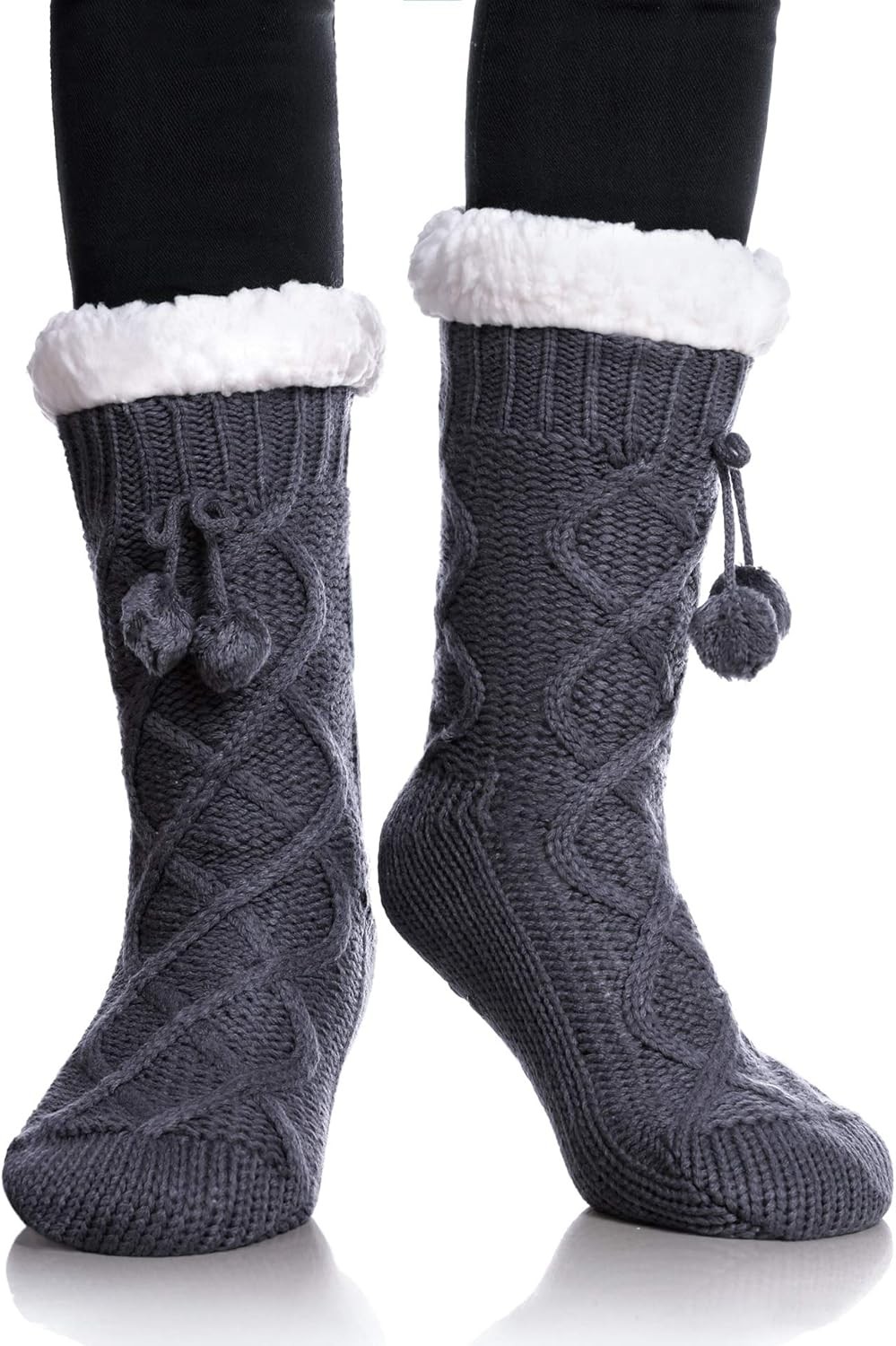 Yebing Womens Non Slip Slipper Socks Winter Warm Soft Cozy Fuzzy Grey