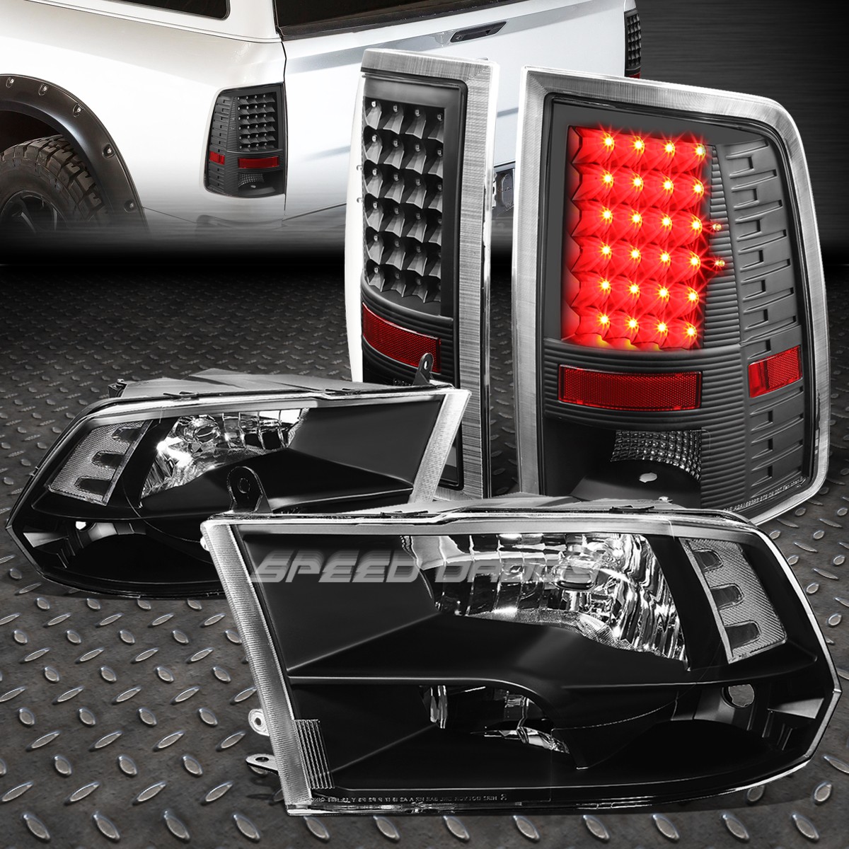 BLACK HOUSING CLEAR SIDE QUAD HEADLIGHT+LED BLACK TAIL LAMP FOR 10-17 DODGE RAM