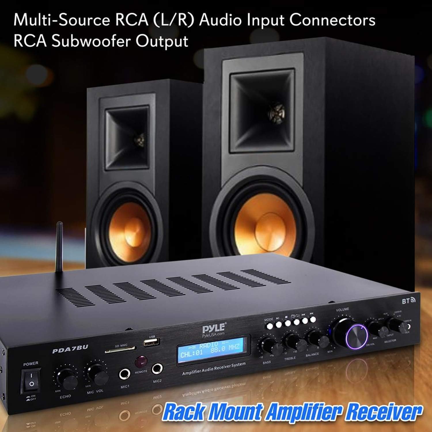 Pyle 5 Channel Wireless Bluetooth Power Amplifier 200W Stereo Speaker Receiver