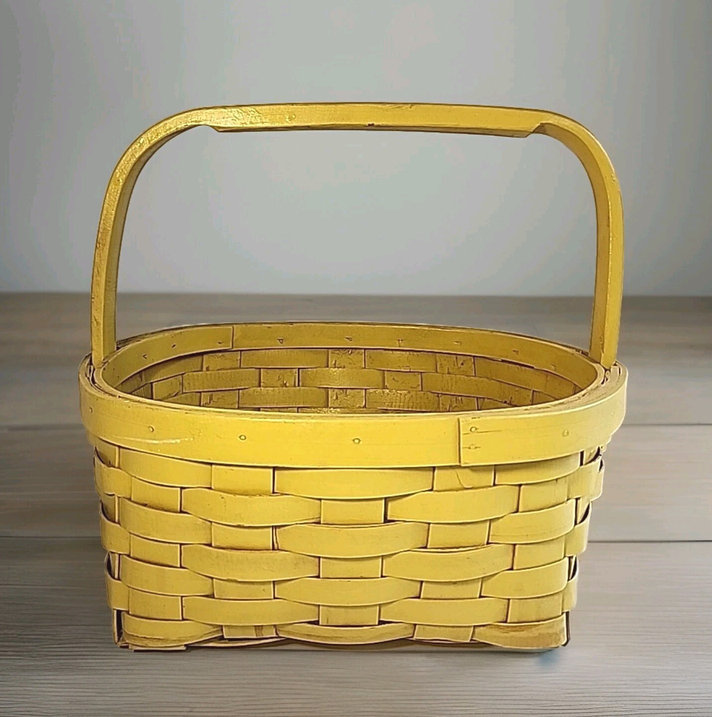 Vtg YELLOW Wood Market Basket & Handle 13 x10.25” Sturdy Gathering Garden -