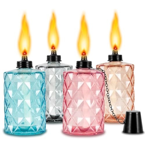 Glass Table Top Torches, 4 Pack Citronella Torches for Outside, Multicolor