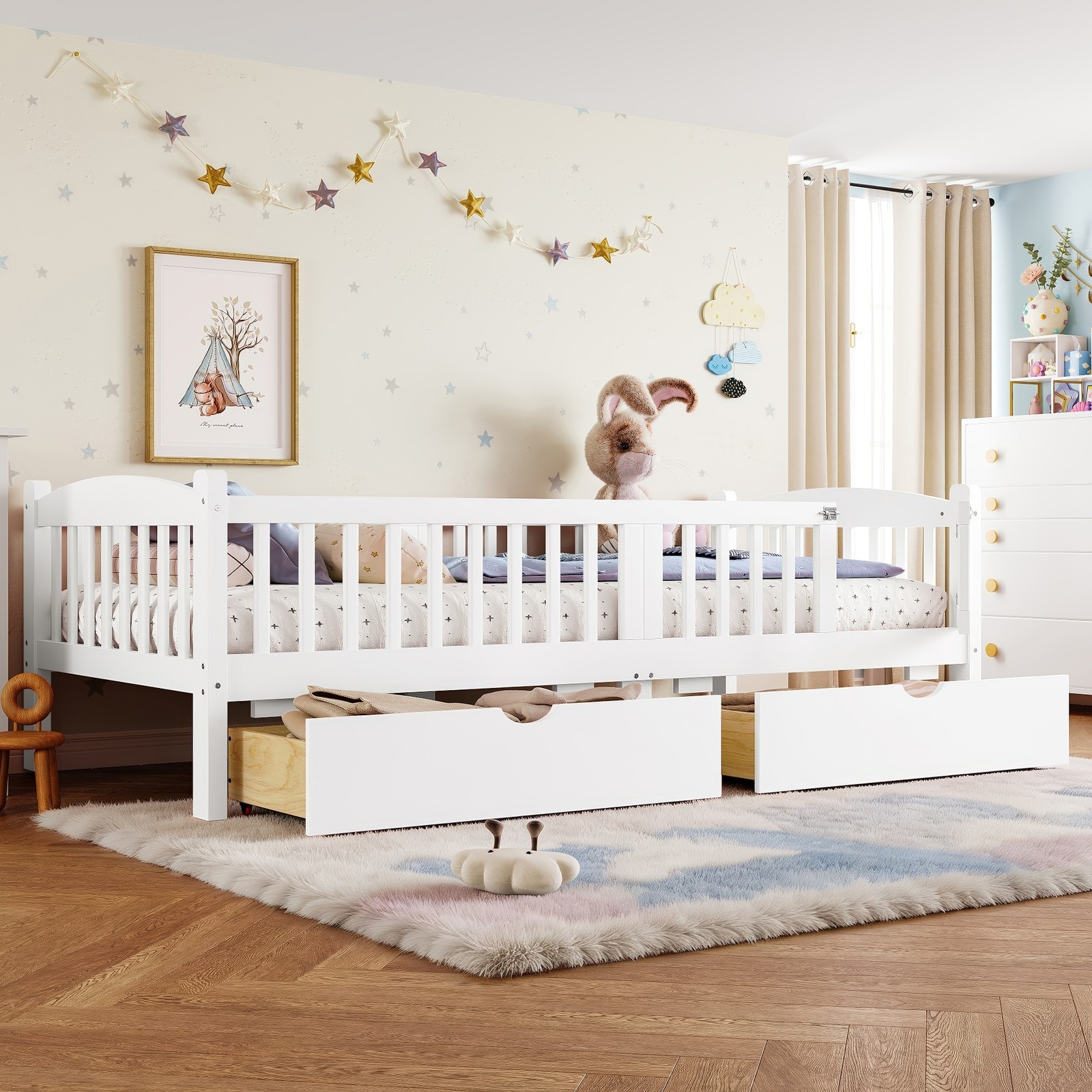 Twin XL Kids Low Wood Platform Bed Frame with Full-length Guardrails & 2 Drawers