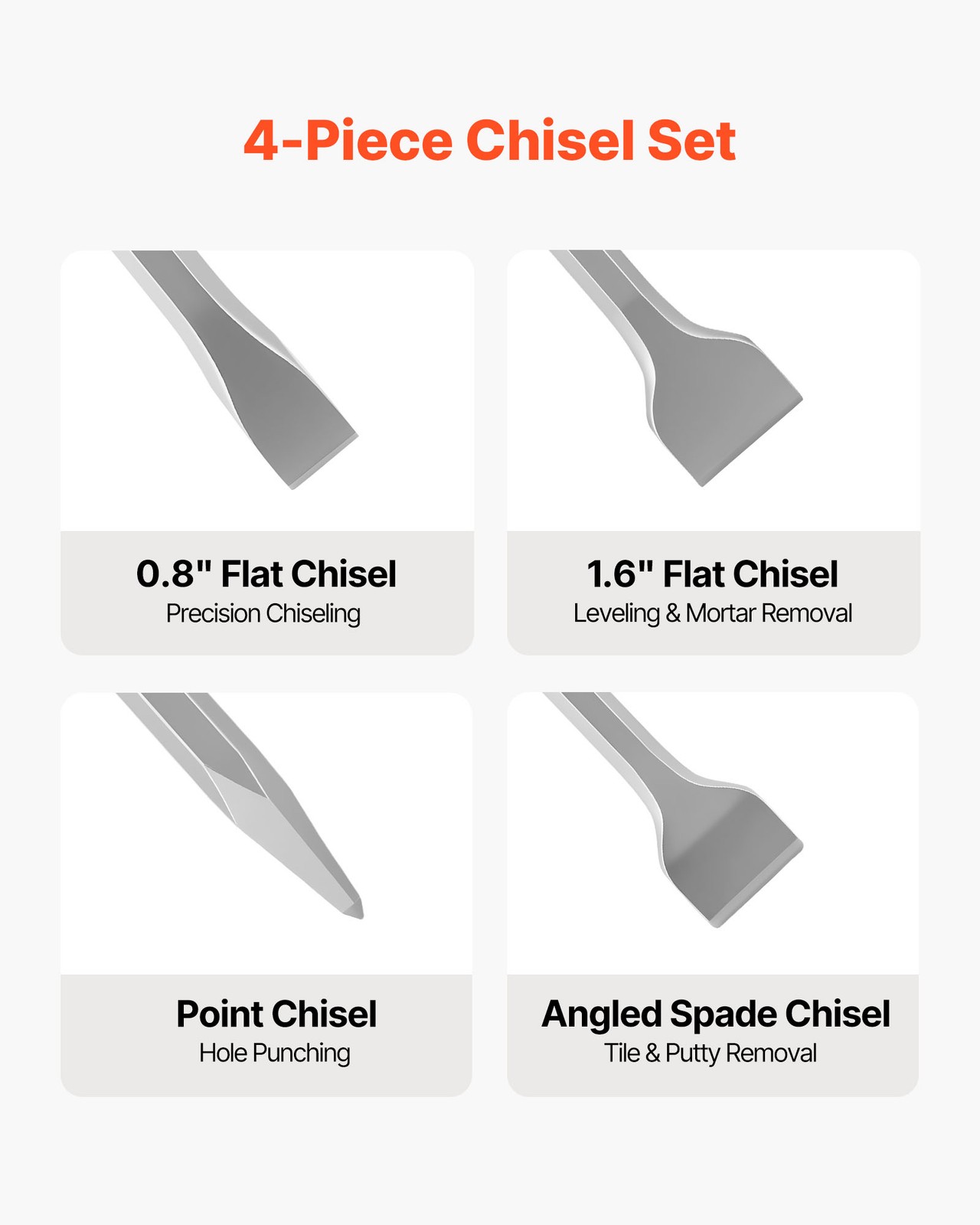 VEVOR SDS Plus Chisel Set 4 pcs Point Flat Angled Spade Chisels for Demolition