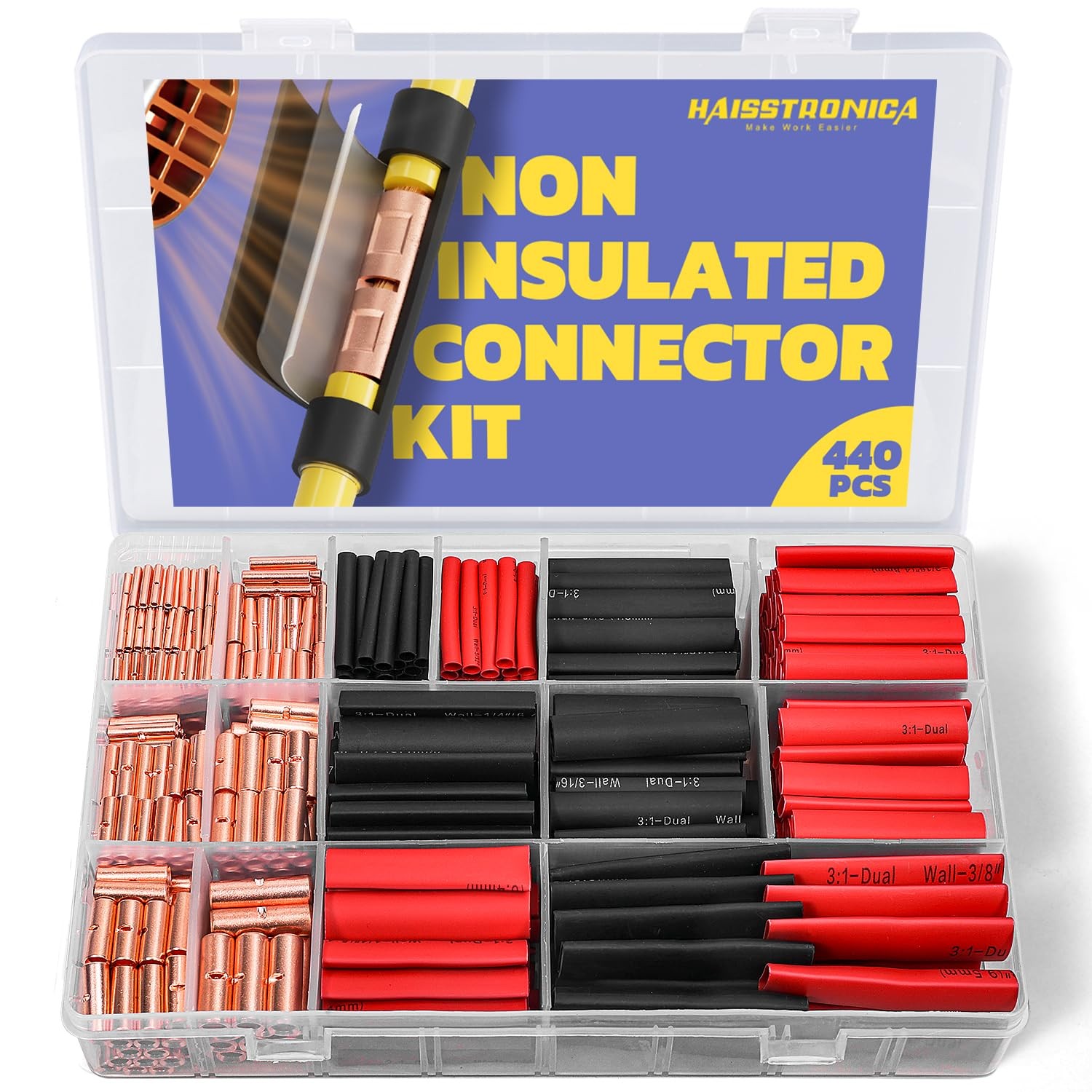 Non Insulated Butt Connectors Kit AWG 26-8 220pcs & 220pcs Heat Shrink Tubing