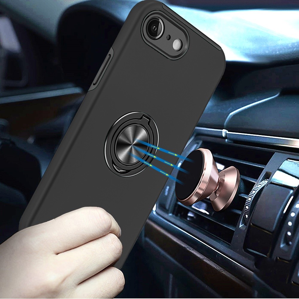 For iPhone 16e Case Rubberized Dual Layer Magnetic Ring Stand + Tempered Glass