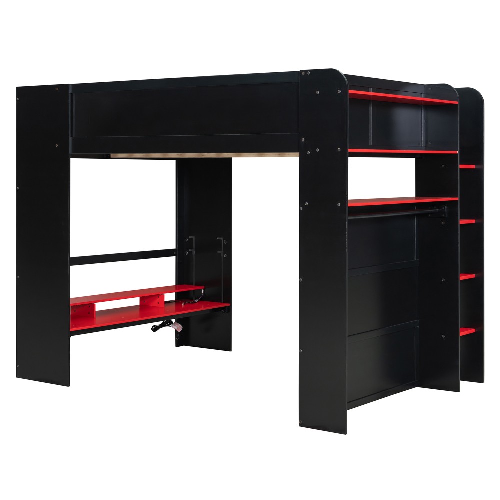 Full Size Bunk Bed with Desk, RGB Lights, Wardrobe, Storage for Gaming Setup
