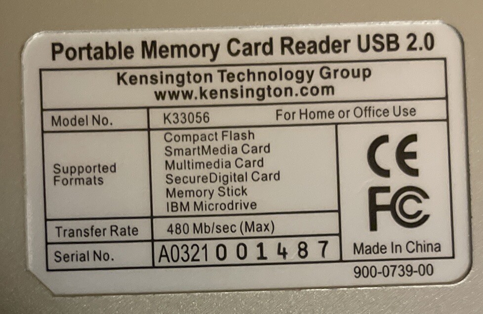 Kensington Portable Memory Card Reader USB 2.0 480mb/sec Model K33056