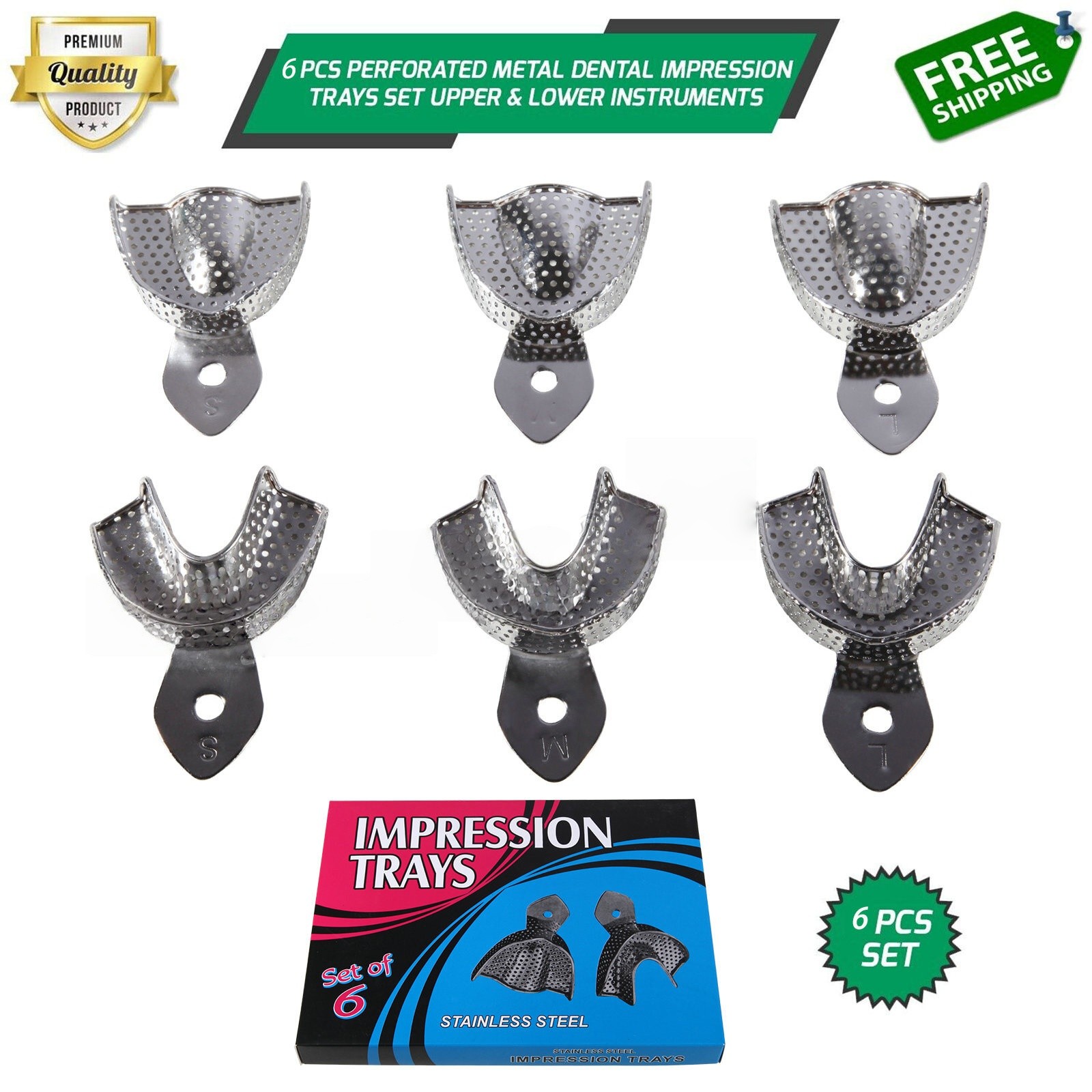 6Pcs Dental Impression Trays Perforated Steel Denture trays Upper/Lower L/M/S