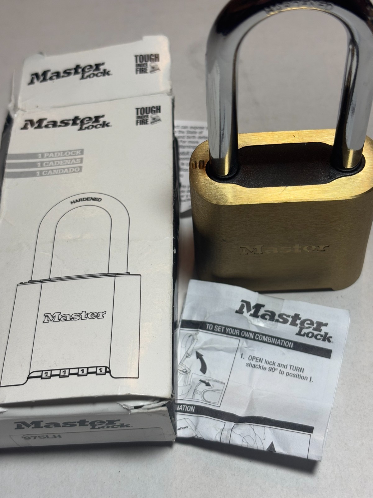 Master Lock 975LH Long Shackle Brass 4-Digit Combination Padlock New Open Box