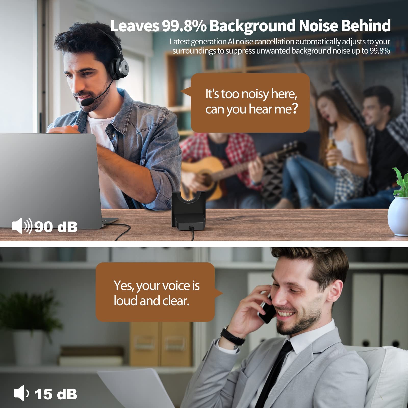 TECKNET Wireless Headset for Work, 40Hrs Worktime AI Noise Cancelling Computer H