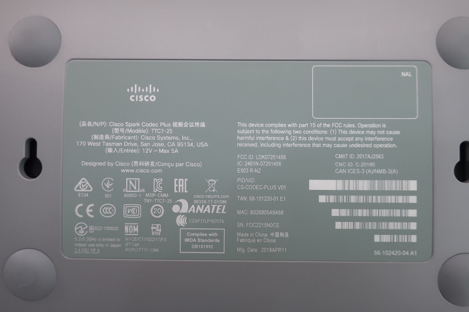 Cisco Spark Codec Plush TTC7-25 Webex Video Conference Unit Only - Tested