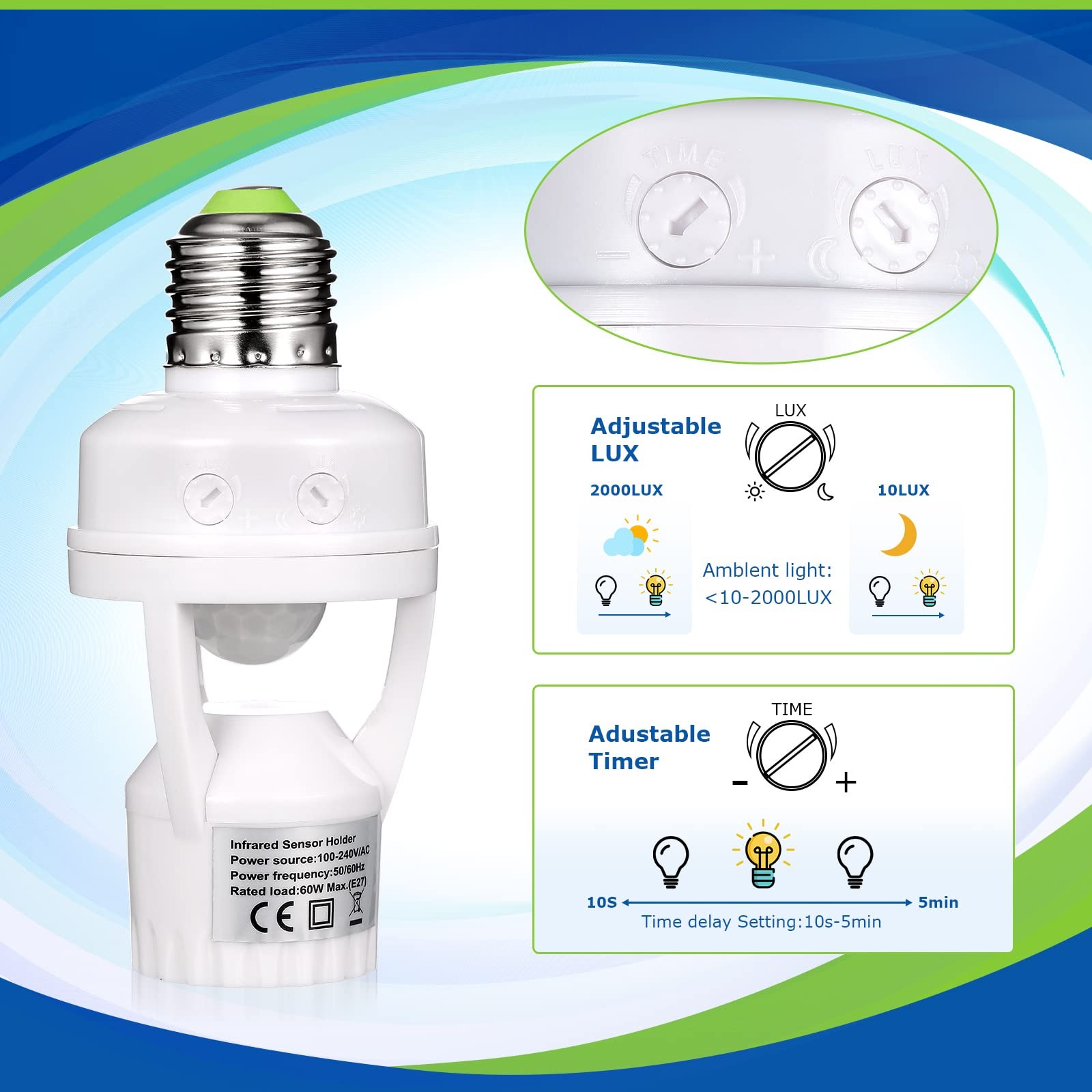 Hortsun 3 Pieces Motion Sensor Light Socket Smart Screw white, silver
