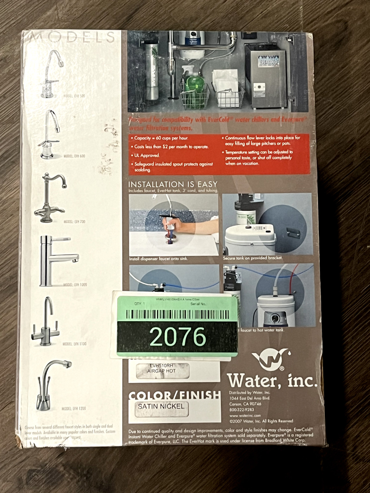 Water, Inc Instant Hot Water System Model LHV510RH Satin Ni Faucet #2074/2076 L4