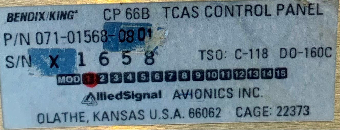 TCAS Control Panel CP66B 071-01568-0801 Removed Working