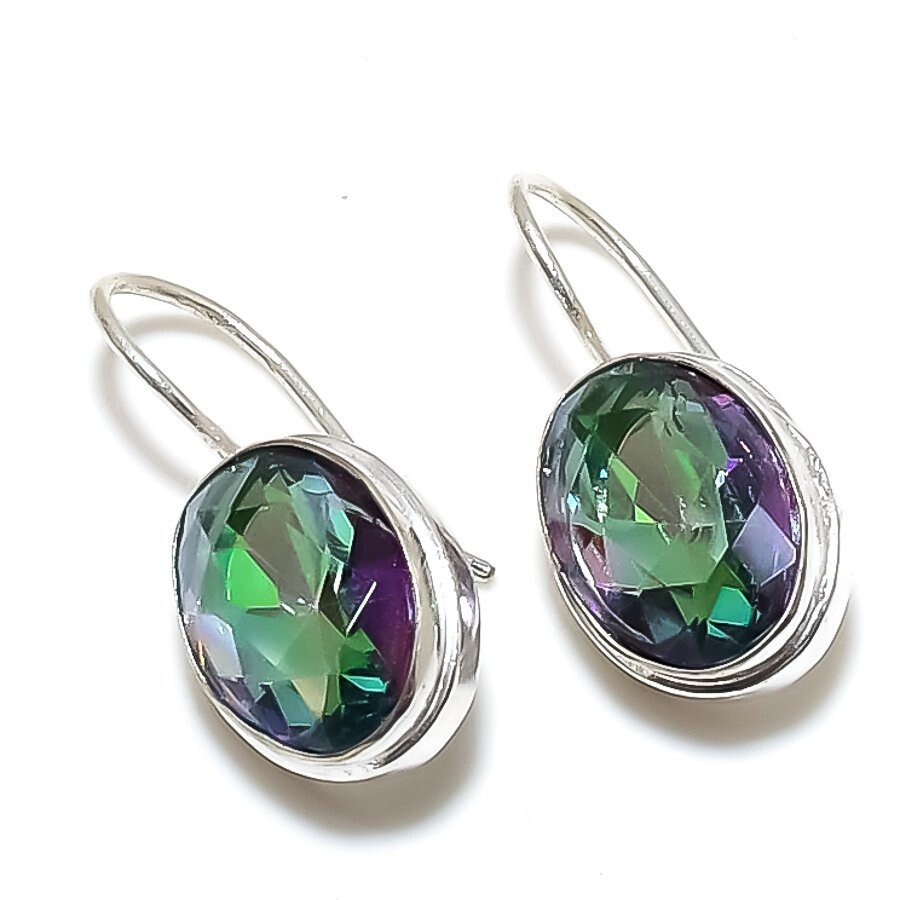 Mystic Topaz Gemstone Handmade 925 Sterling Silver Jewelry Earrings Sz 1.20"