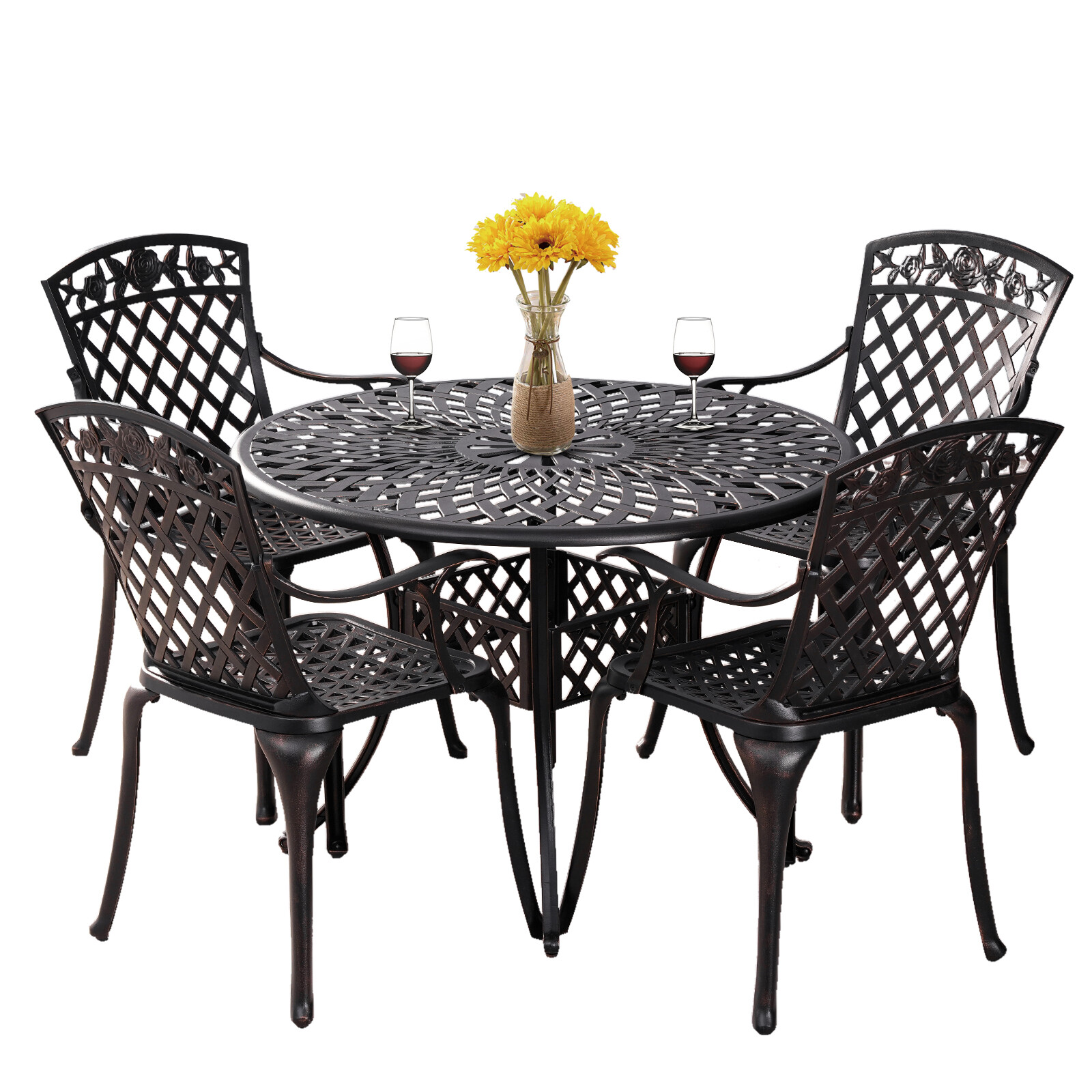 5 Piece Patio Dining Set 42 Inch Bronze Table with 4 Chairs