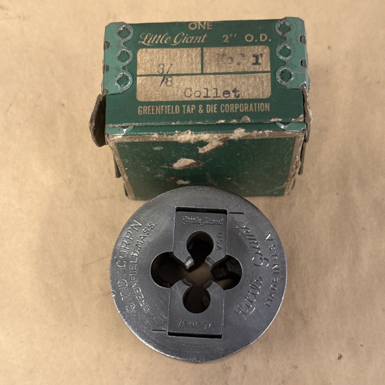 GTD Greenfield 3/8" NC16 die, Little Giant, 2” diameter two piece, threading Die