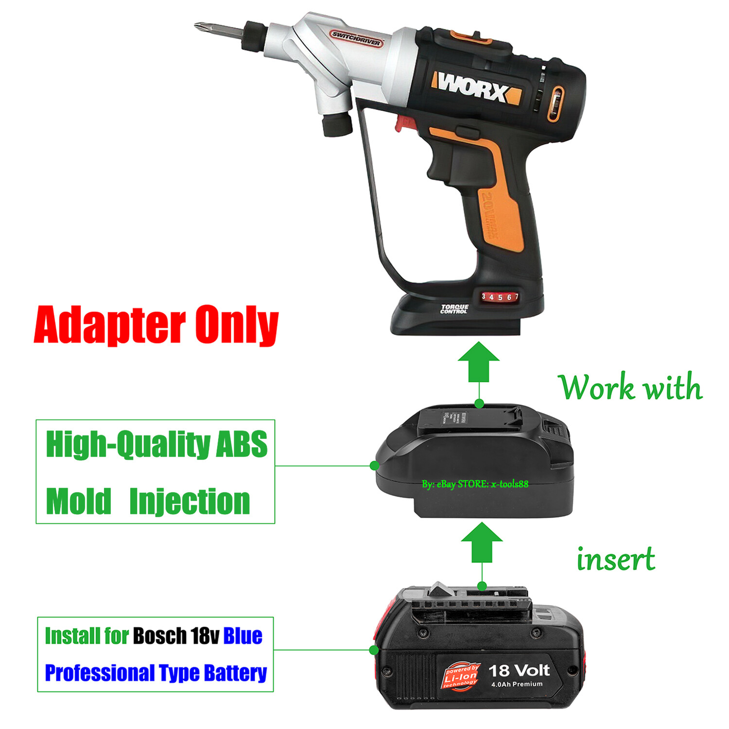 Adapter Upgarde for Worx 20v USA Ver.Tool To Bosch 18v Blue Professional Battery