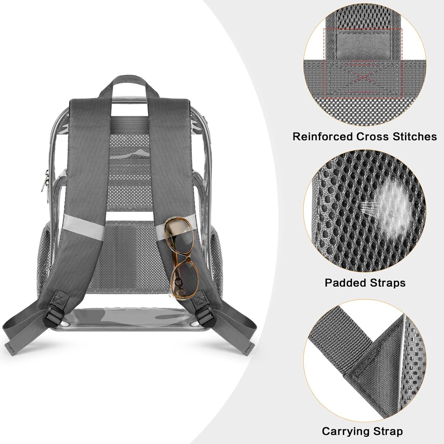 PAMANO Clear Backpack, Heavy Duty Transparent Backpack with Reinforced Grey