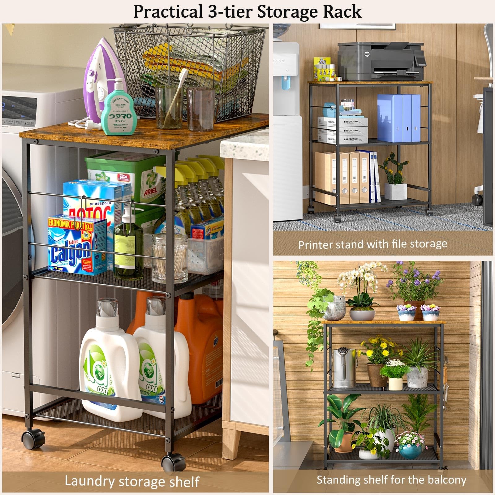 Rolling Kitchen Microwave Cart, 3 Tier Microwave Table Stand with Storage, Ki...