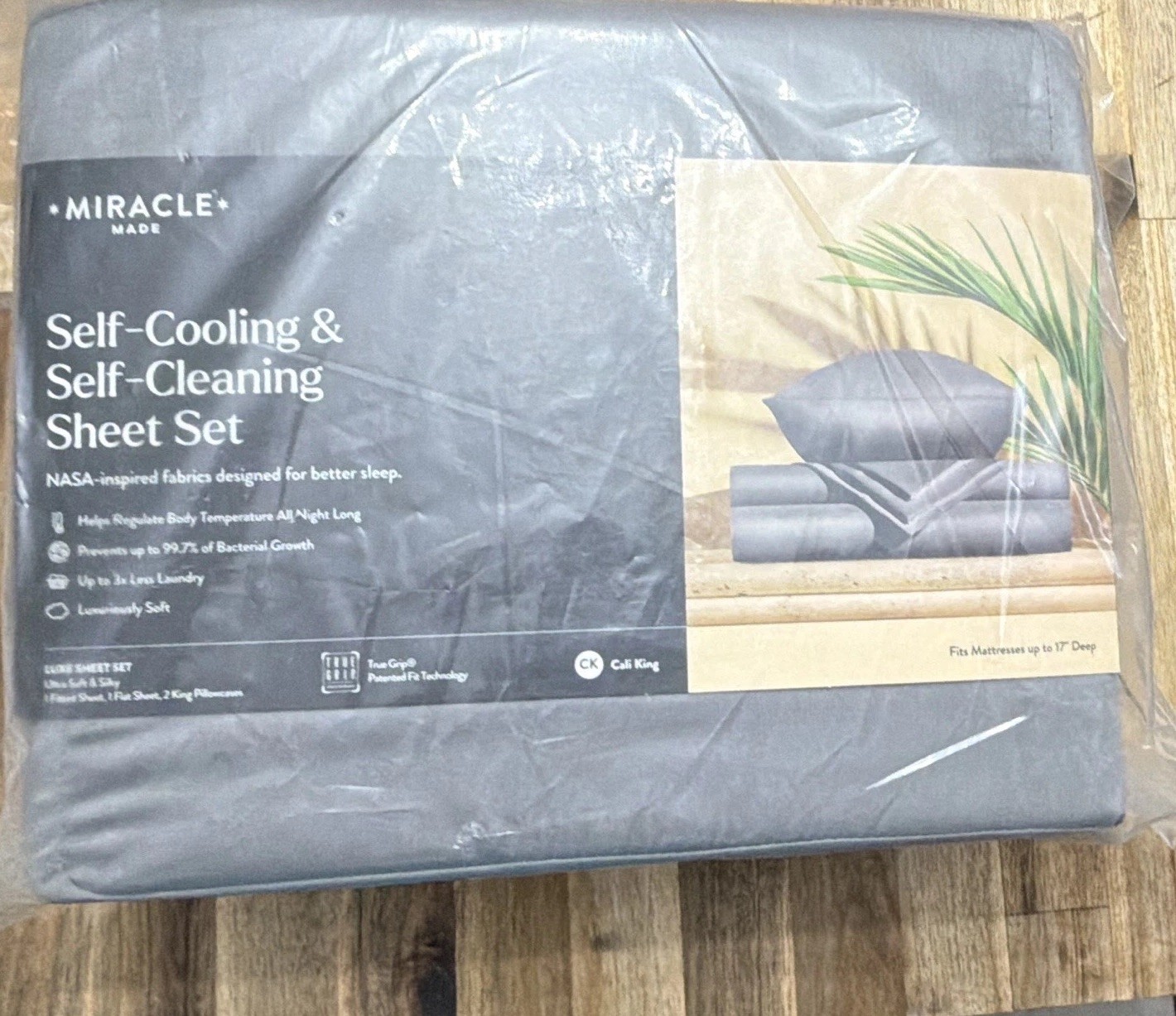 Miracle Luxe Cali King Gray Sheet Set 100% Cotton Cooling Self-Cleaning OEKO-TEX