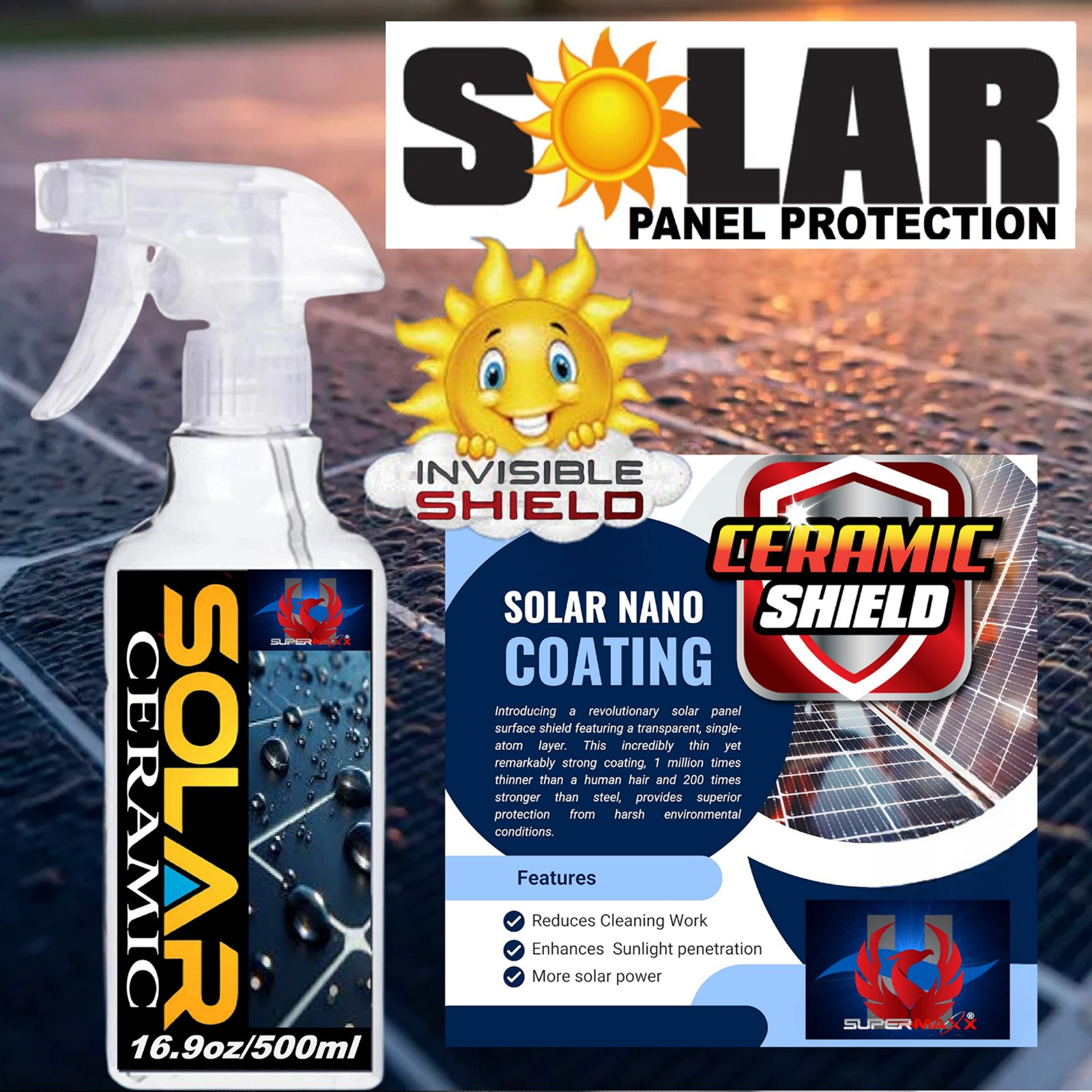 SOLAR PANEL SELF CLEANING NANO CERAMIC COATING ADVANCED PROTECTION -16.9oz/500ml