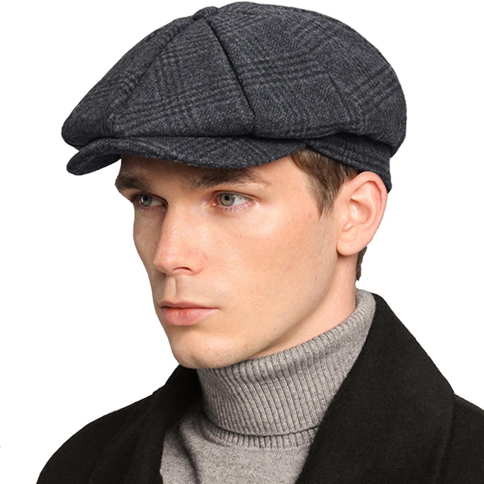 Mens Newsboy Cap High Woolen Tweed Gatsby Hat Ivy Cabbie Flat Golf Cap for Fa...