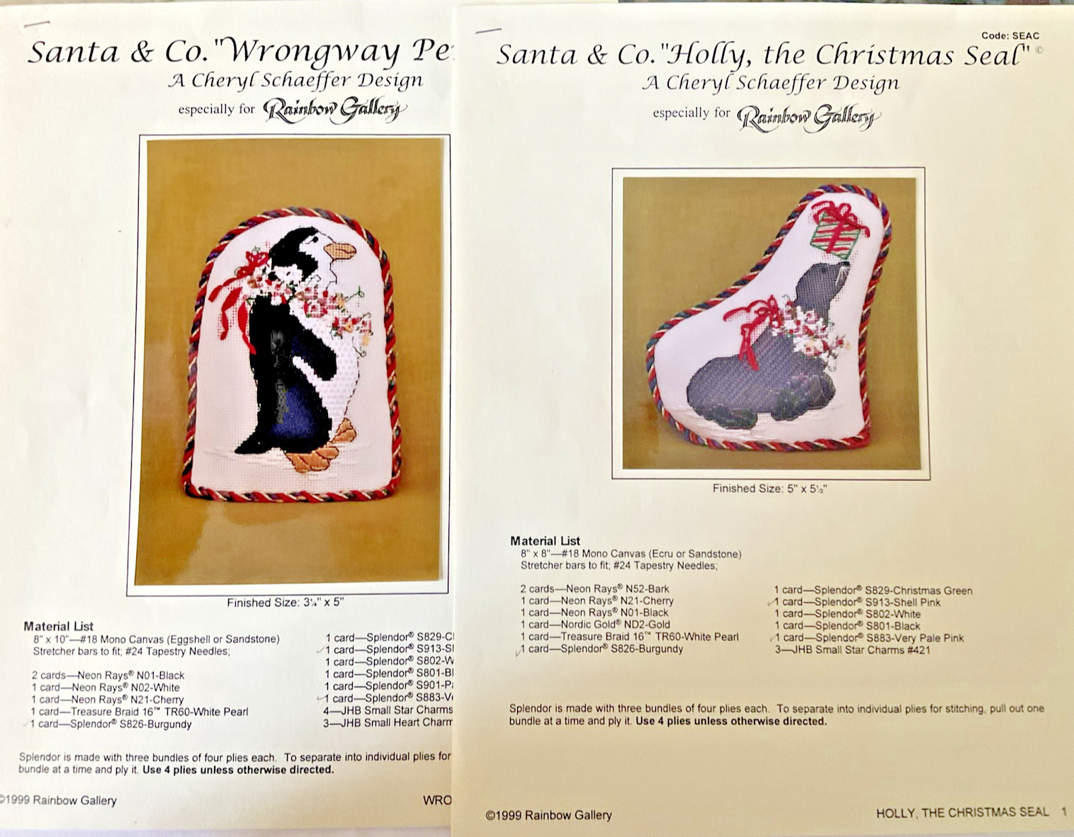 Needlepoint Chart Cheryl Schaeffer Wrongway Penguin & Holly Christmas Seal 1999