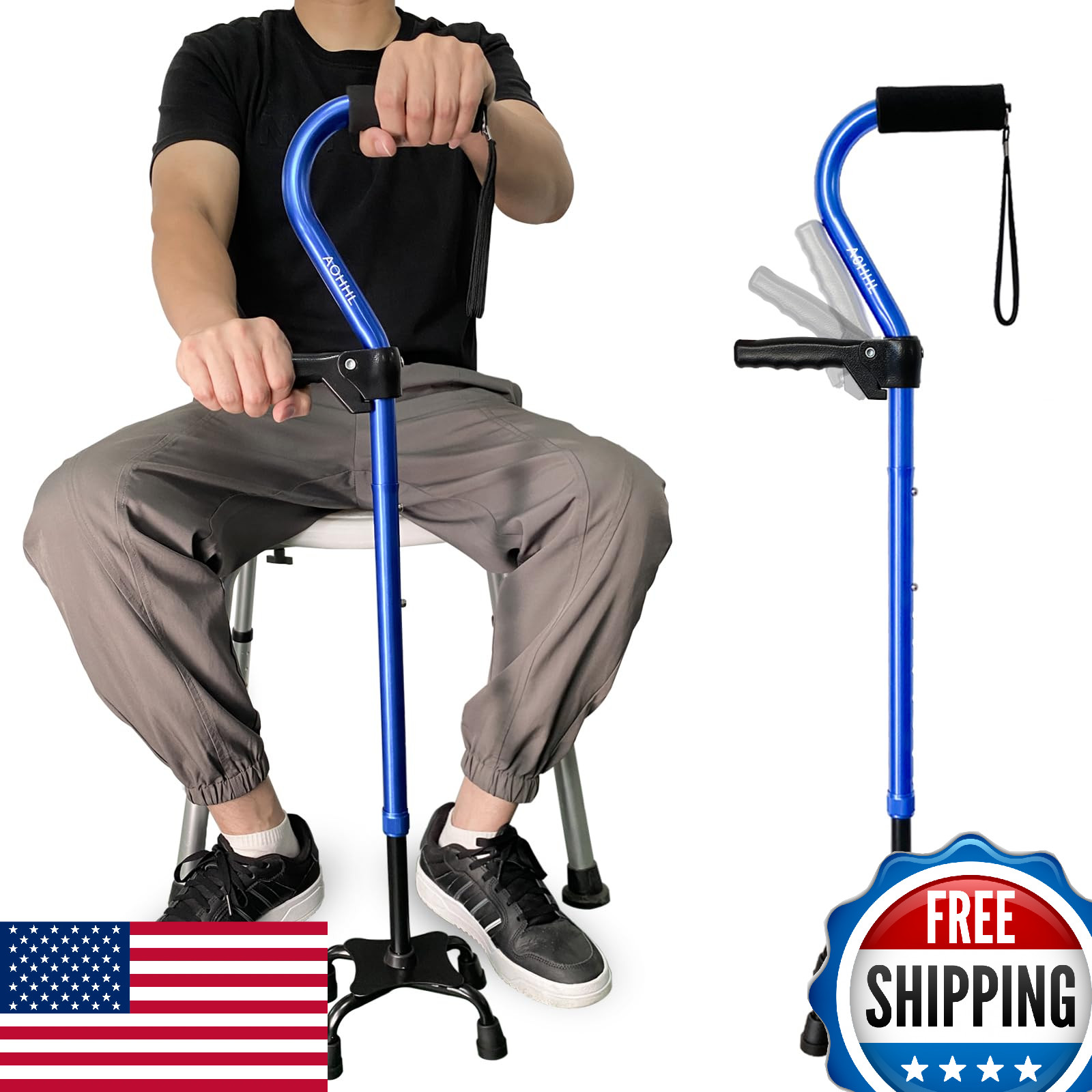 AOHHL Quad Walking Cane Foldable Adjustable Portable for Men, Women, Seniors
