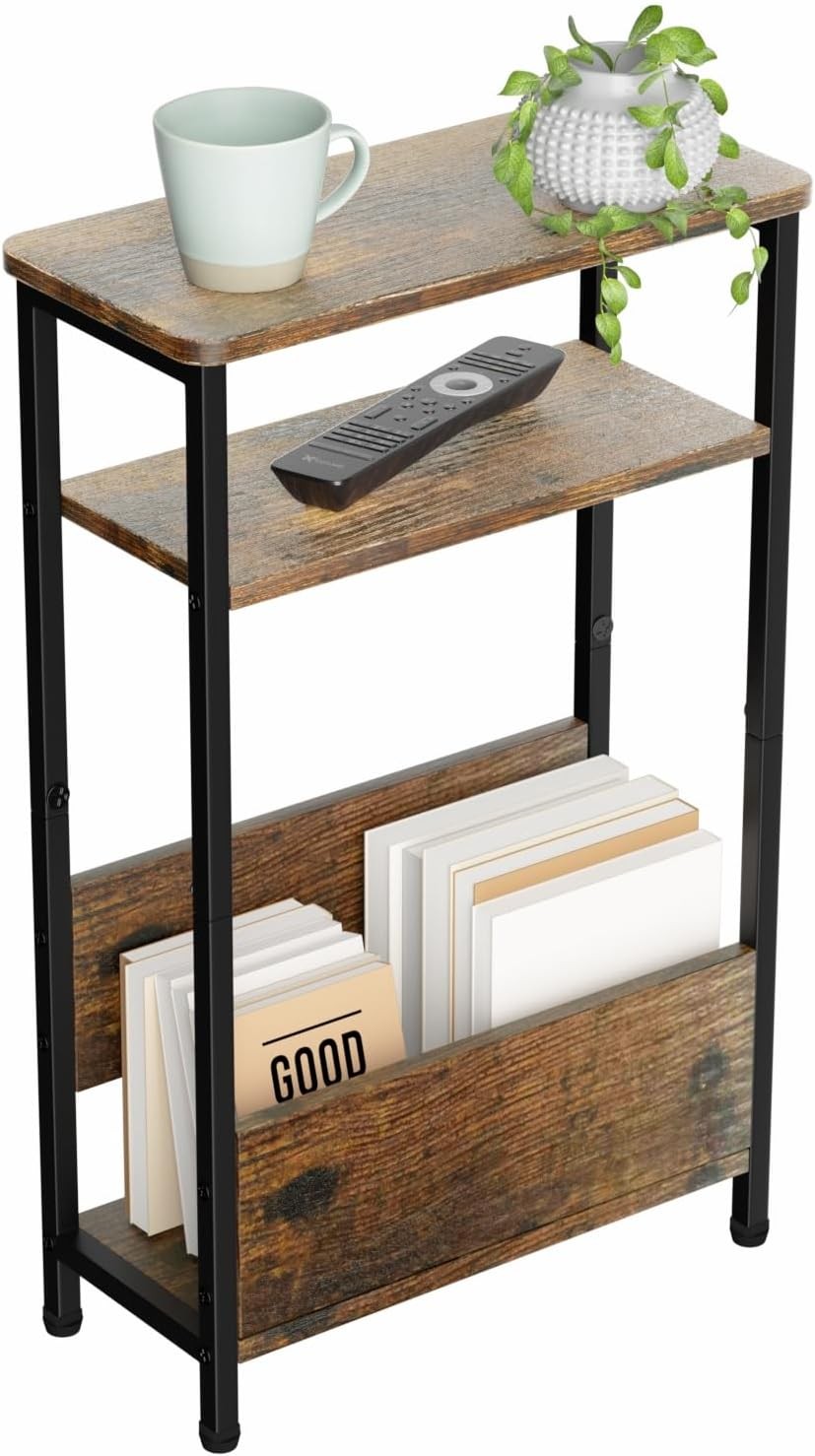 7.1" Narrow Side Table Small Spaces 3 Tier Small End Table W/ Magazine Holder