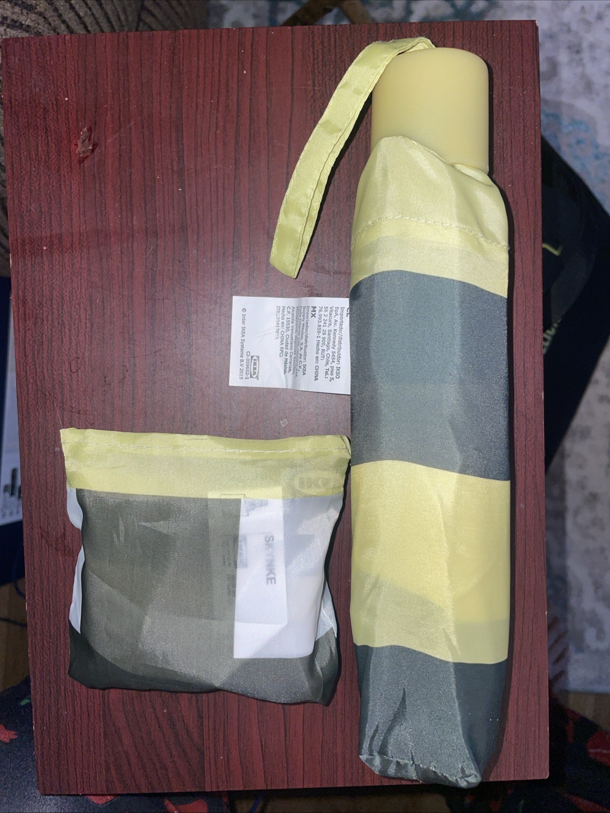 IKEA UMBRELLA COMPACT STRIPED DARK GREEN & LIME GREEN MATCHING FOLDABLE BAG