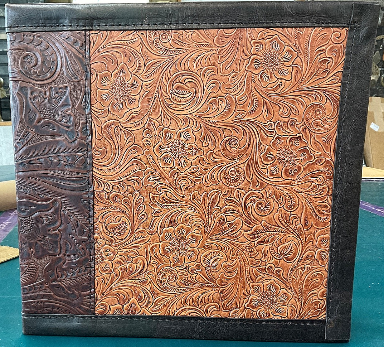 CHESTNUT WESTERN FLORAL COWHIDE  LEATHER 2” 3 RING BINDER  CHOCOLATE FLORAL TRIM