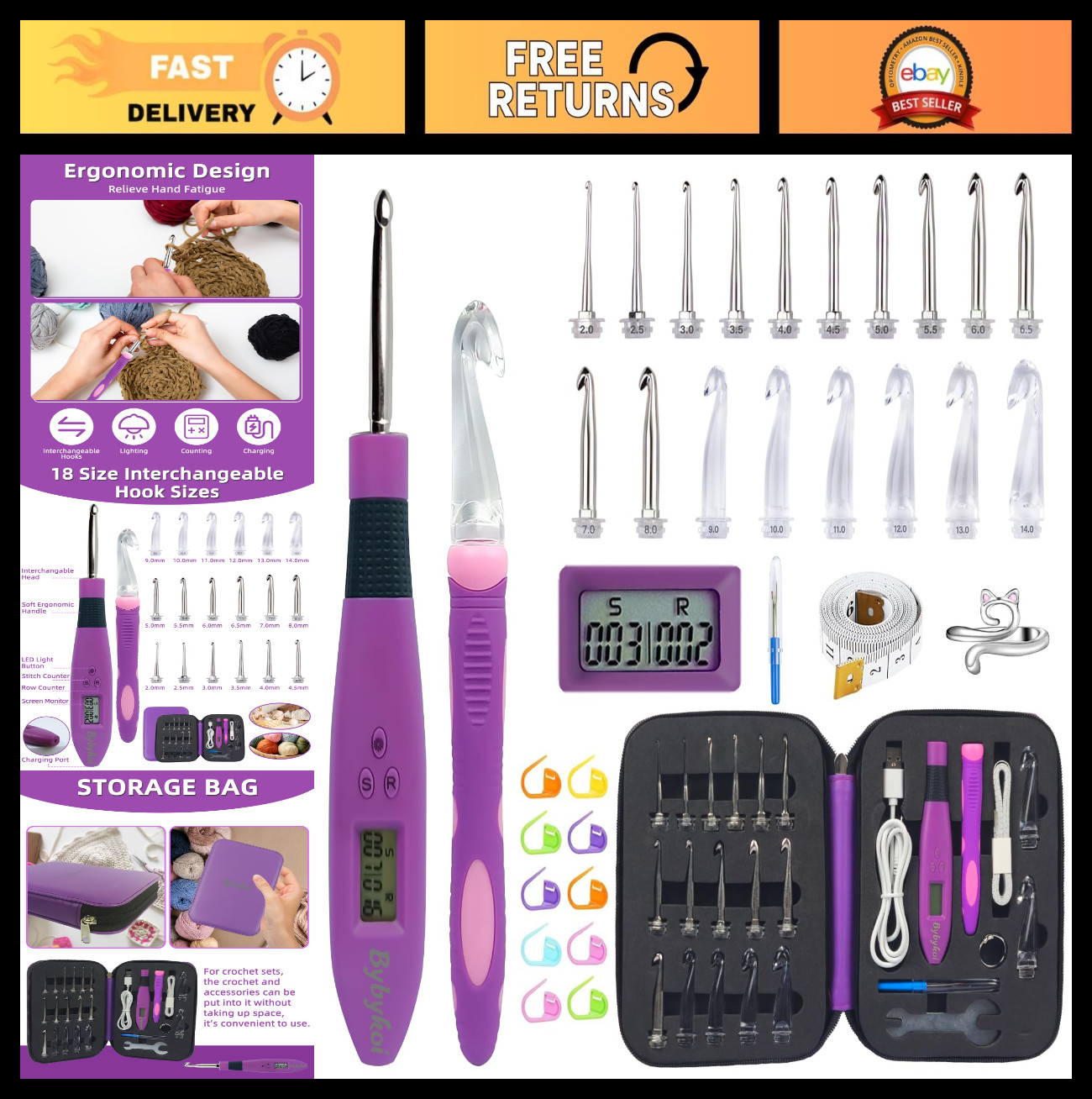 Light Up Crochet Hooks Set - 18 Sizes Ergonomic Digital Hooks with Counter 2.0-1