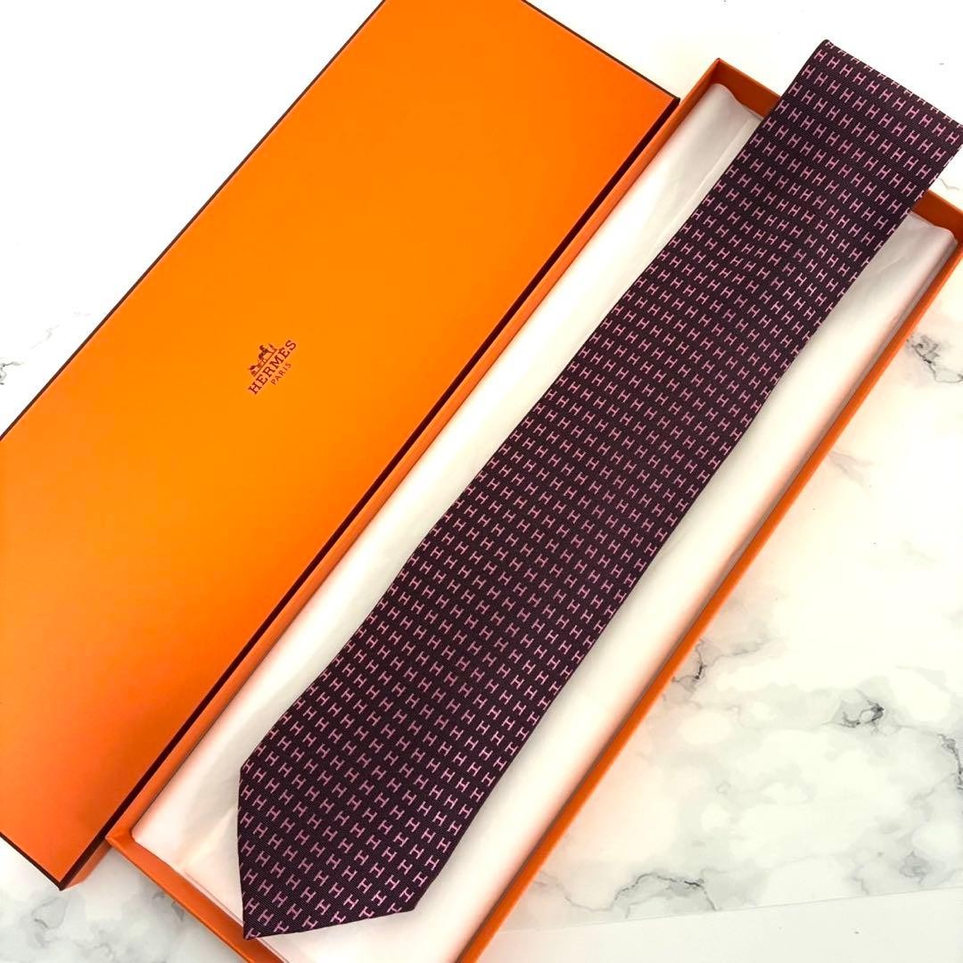 Hermes H Pattern Silk Necktie Purple Used Elegant Condition