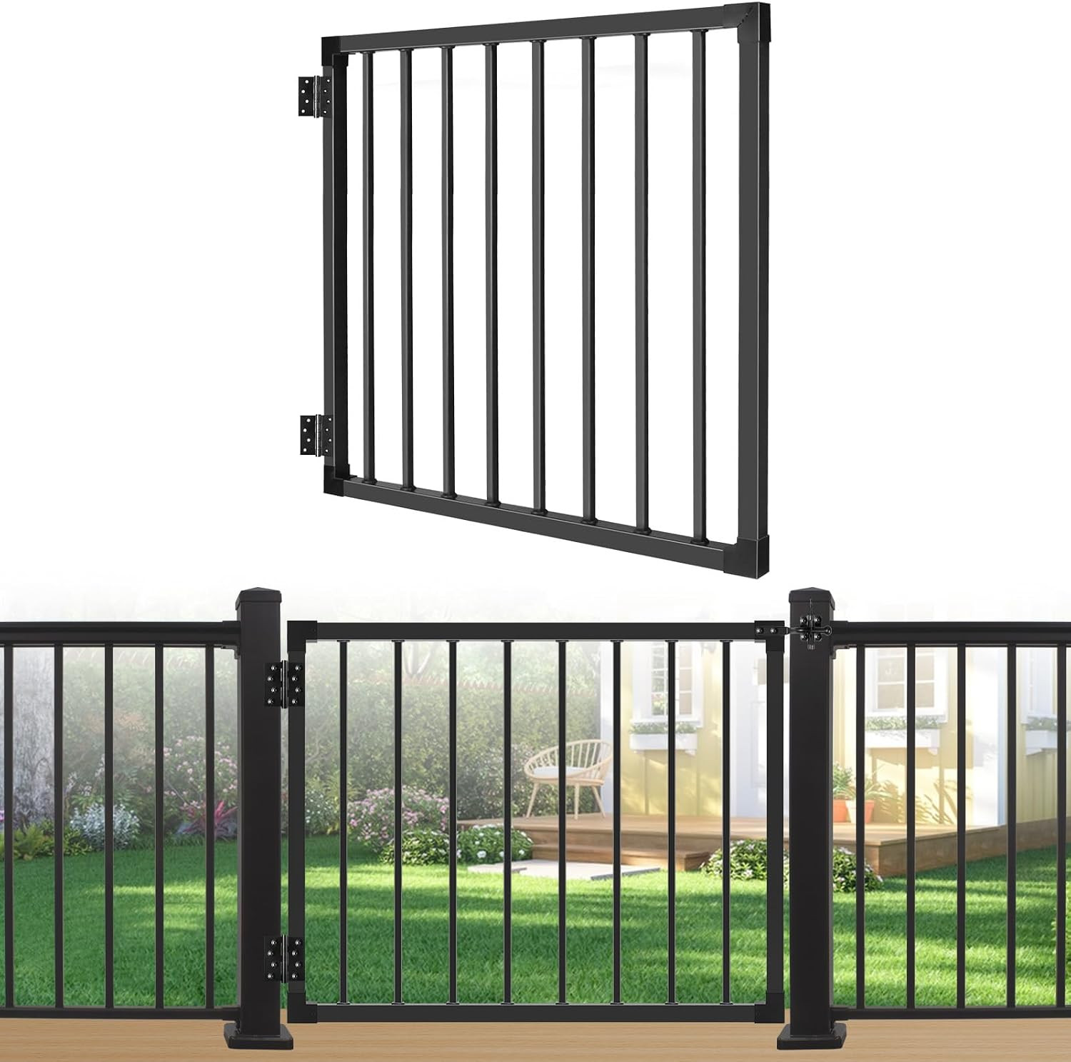 Deck Gate Outoor, 36″ Black Heavy Duty Steel Anti-Rust Fence Door with Adjustabl