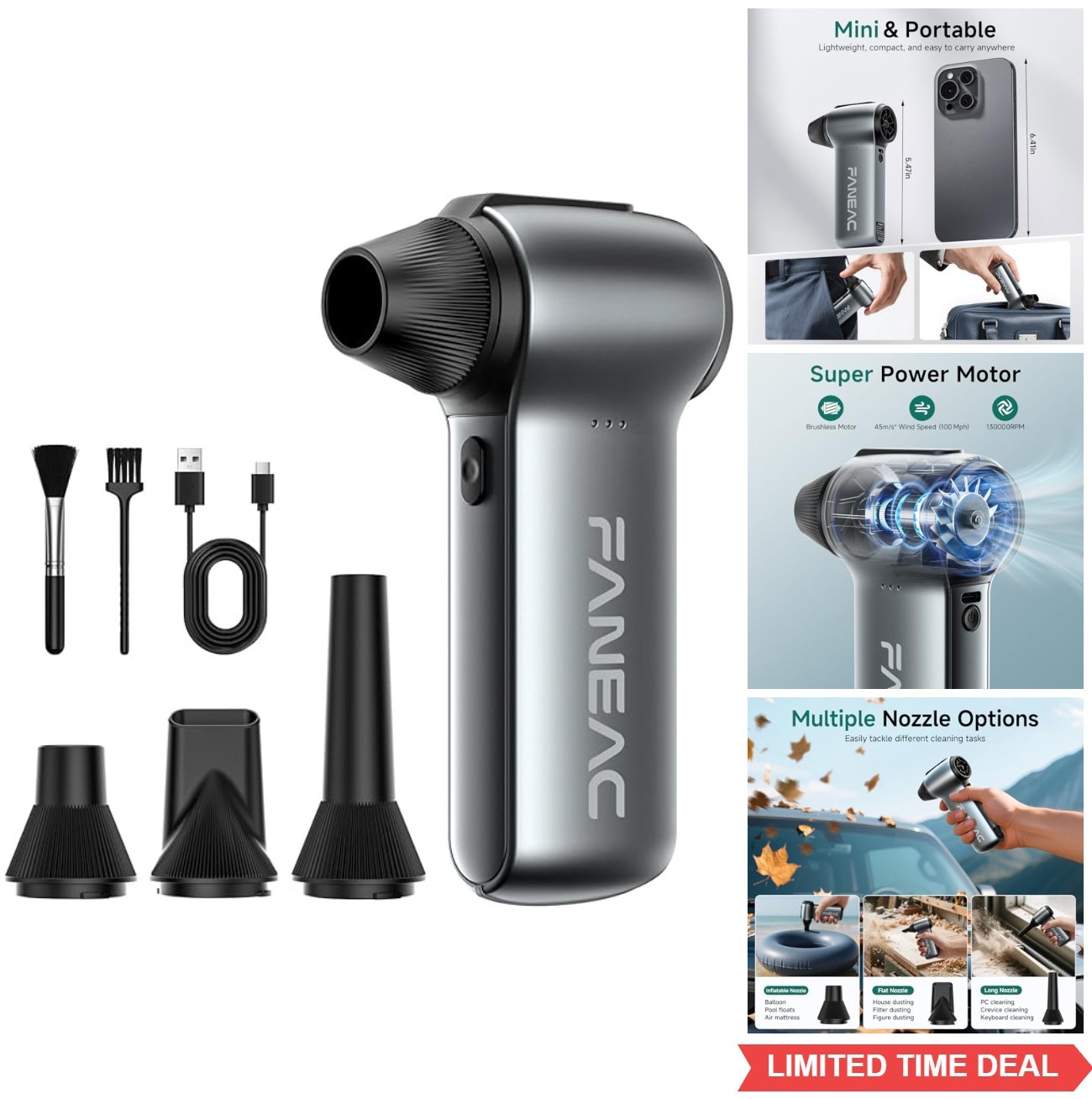 Mini Cordless Compressed Air Duster 130000 RPM 3-Speed Rechargeable with 4